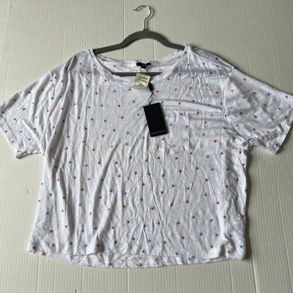 Rails Sz L Stars White Linen Blend Shirt Short Sleeve V Neck NWT - Picture 3 of 6